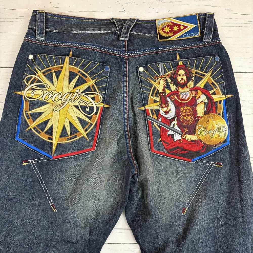 Coogi Jeans Mens 36x34 Blue Denim Relaxed Wide Leg Embroidered Graphic Hip Hop